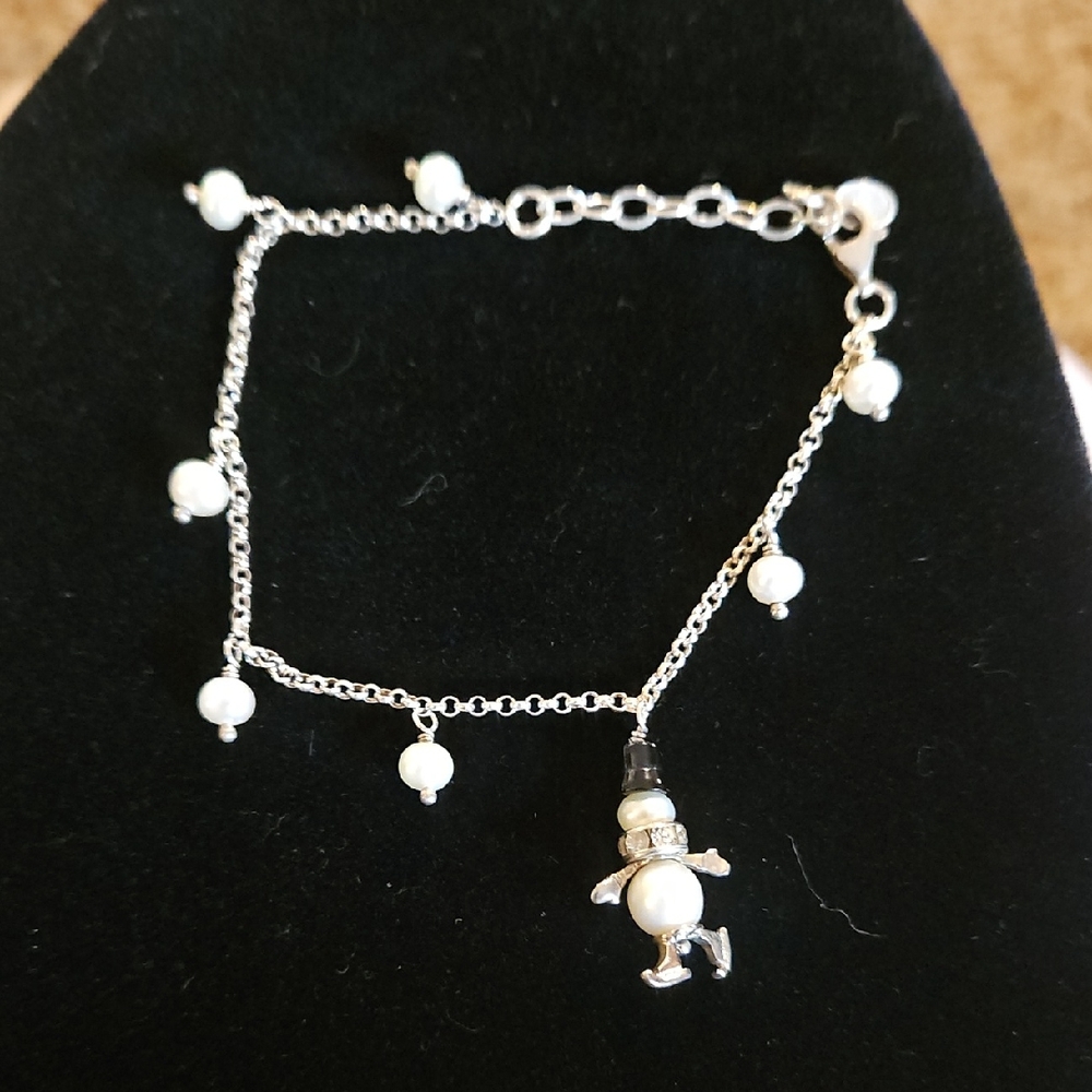Sterling Silver Signed DW Snowman Ice Skating Pearl Charm Bracelet